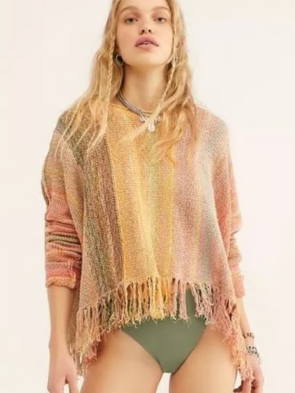 Free People Pastel Multistripe Fringe Hem Sweater